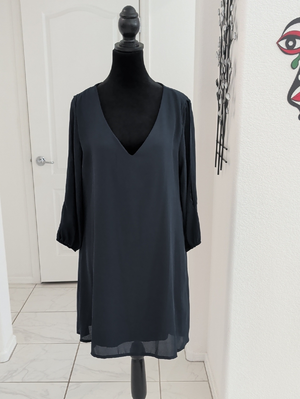 New Navy Blue V-Neck Chiffon Shift Dress 3/4 Sleeve L Noctflos Lightweight